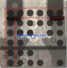 BGA錫球尺寸小于0.4mm，采用降低BGA內圍襲球的錫膏量所得到X-Ray，稍微留意一下可以發現最外圈的錫量(圓的直徑)比其他內圍的錫球上的錫量來得多一點點。也就是外圈的黑色圓形直徑比內圈的圓形來得大一點點。