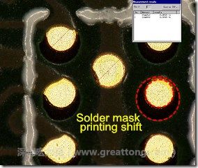 電路板BGA下面的防焊層印刷偏移，造成焊墊大小不一致。