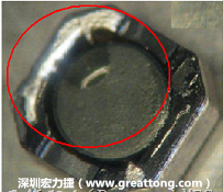 使用錫(Sn)鍍層的電源電感器(Power Inductors)，經(jīng)過推力測(cè)試后，其焊點(diǎn)還保留在零件的端點(diǎn)上，所以推力比較高。