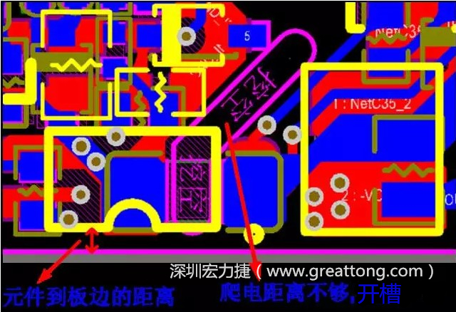 如果碰到模塊PCB空間有限，爬電距離不夠，可以采用開(kāi)槽的方式