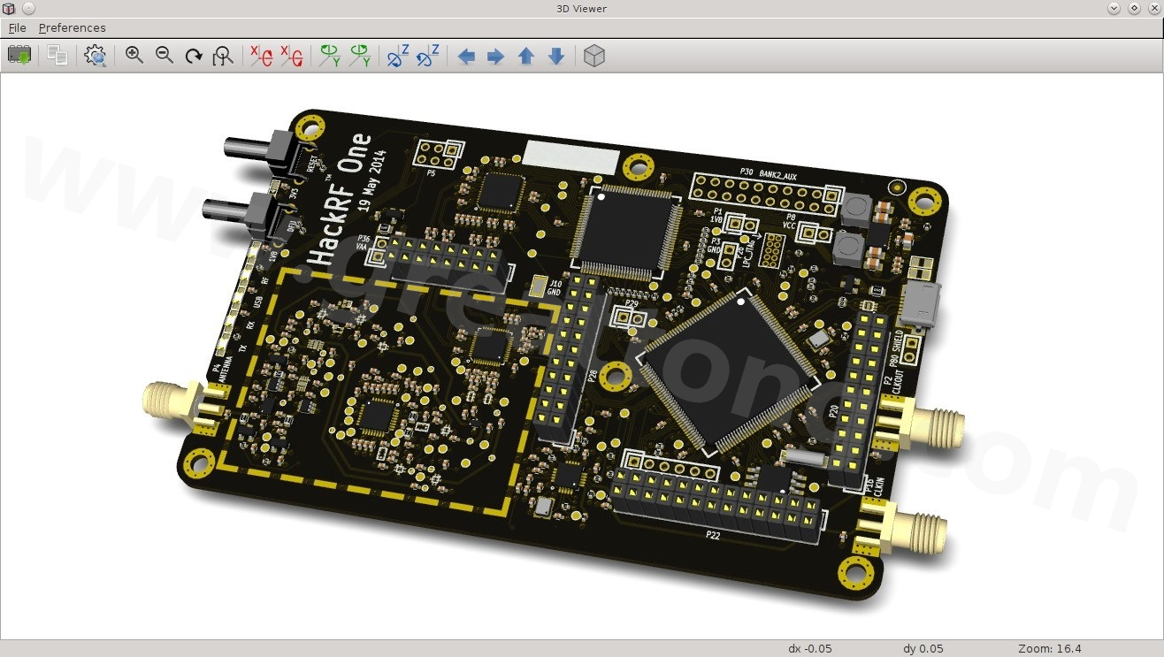 經(jīng)KiCad軟體3D功能渲染過的HackRF One電路板。