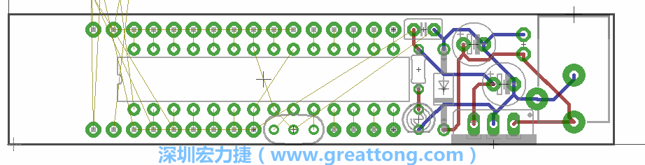 將ATmega微控制器、三個GPIO排針（JP2, JP3, JP4）和諧振器（resonator）排置如上圖所示。