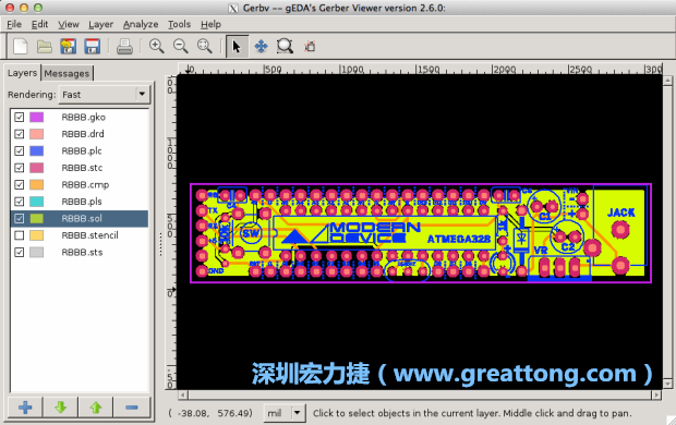 將圖層匯入你的Gerber預覽工具內（下圖為Gerbv），我通常會從上到下重新排列它們的順序，好讓我比較好校對：